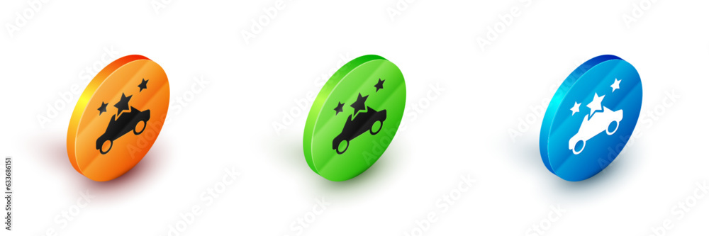 Isometric Car sharing icon isolated on white background. Carsharing sign. Transport renting service concept. Circle button. Vector Isometric Car sharing icon isolated on white background. Carsharing sign. Transport renting service concept. Circle button. Vector