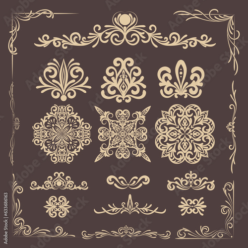 Set of golden vintage ornaments, text dividers and mandalas. Calligraphic breaks and separators and classic borders. Vector isolated flourish gold embellishment elements.
