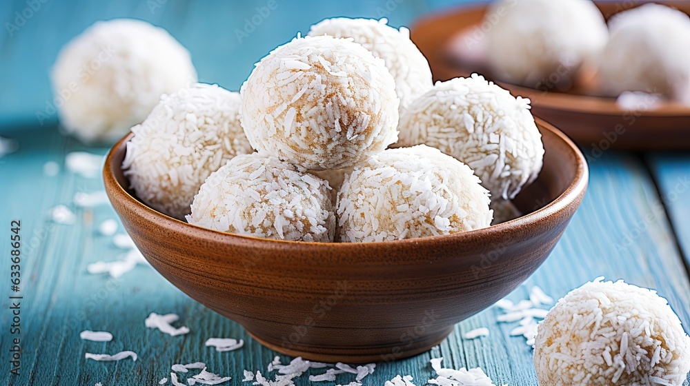 a wooden bowl filled with coconut balls on top of a table. generative ai a wooden bowl filled with coconut balls on top of a table. generative ai