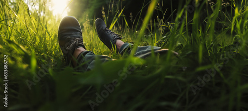 A man is lying in the grass, under trees or thick foilage, bushes. Relaxing, enjoying the scilence of the nature. Natural surroundings, image created by Generative AI.  photo