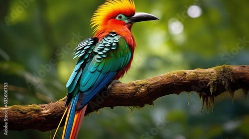  a colorful bird perched on a branch in a tree branch. generative ai