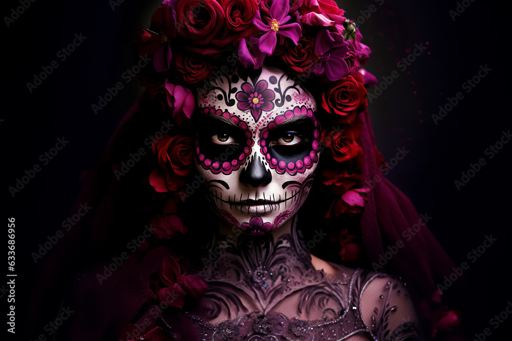 Portrait of woman with traditional la muerte makeup . Mexican festival Dia de los Muertos. Halloween