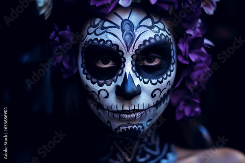 Portrait of woman with traditional la muerte makeup . Mexican festival Dia de los Muertos. Halloween