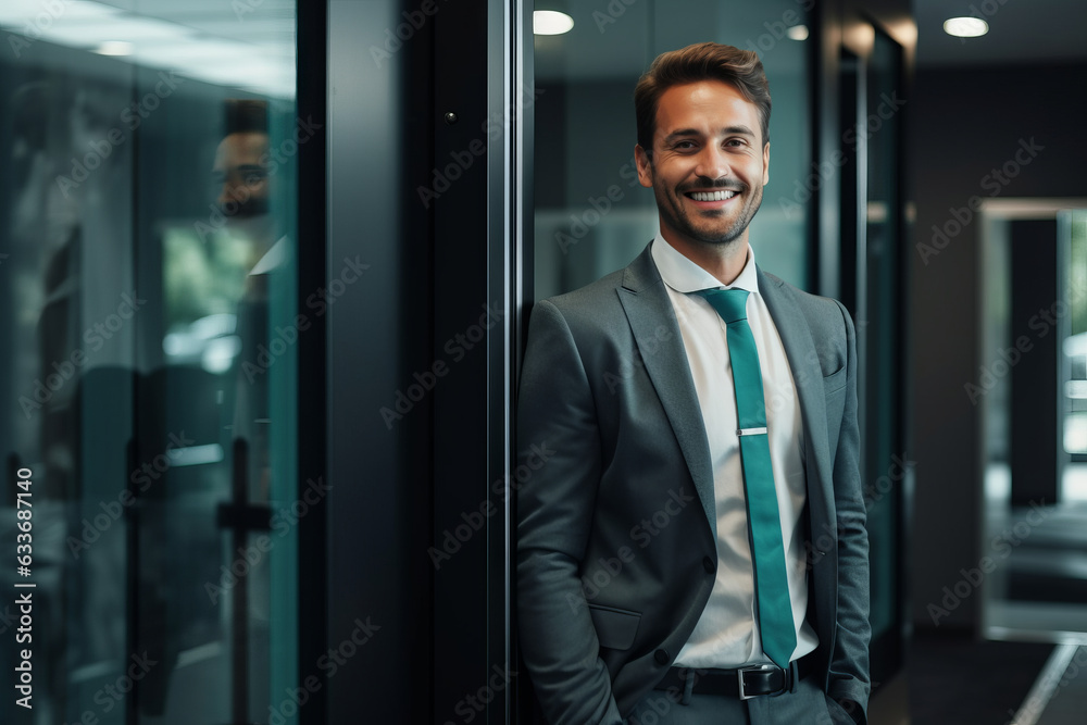 Confident Businessman Smiling and Using Tablet in Workplace. Generative AI. Confident Businessman Smiling and Using Tablet in Workplace. Generative AI.