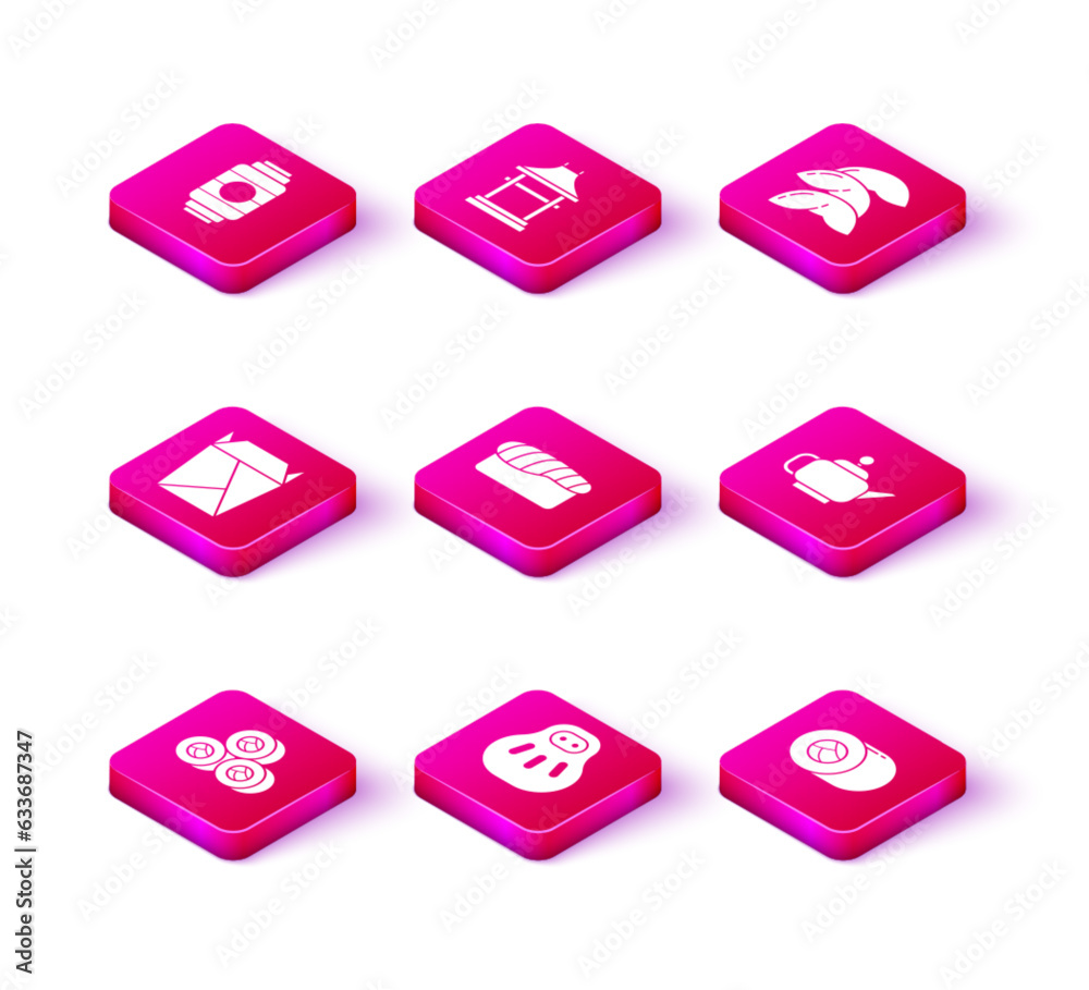 Set Sushi, Maneki neko cat, Rstaurant opened take out box filled, Japanese tea ceremony, Chinese fortune cookie and Gate icon. Vector Set Sushi, Maneki neko cat, Rstaurant opened take out box filled, Japanese tea ceremony, Chinese fortune cookie and Gate icon. Vector