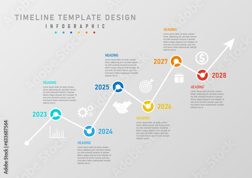 infographic timeline template 6 year line graph with colored circles at sharp points with year numbers. white icon in the center Above and below are letters. gray gradient background