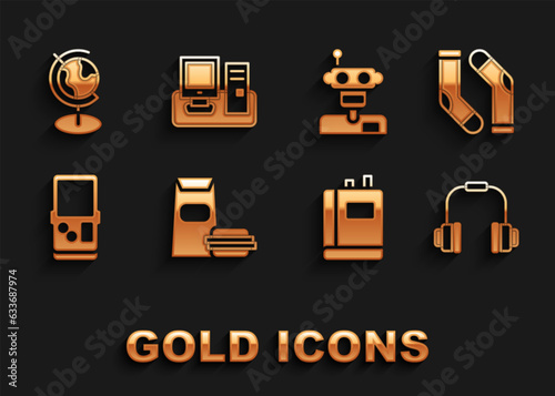 Set Burger, Socks, Headphones, Book, Tetris, Robot, Earth globe and Monitor with keyboard icon. Vector