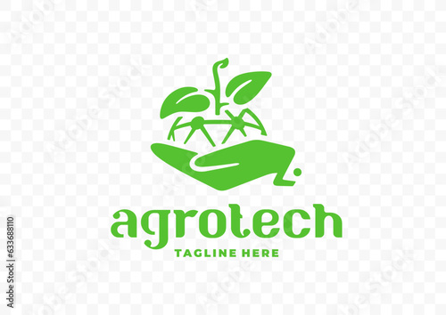 Hand holding global network and connection with plants for digital agriculture vector design. Smart farm, agriculture technology or agritech graphic design. Digital iot farming or farm automation logo