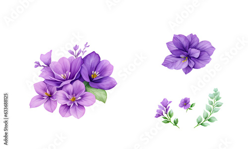 Blue Watercolor leaves and flowers floral arrangement set, Generative AI
