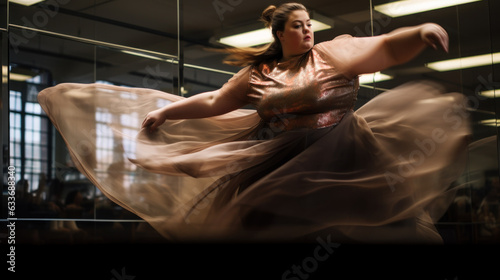 Confident Plus-size Young Woman Embracing Beauty While Dancing Freely.