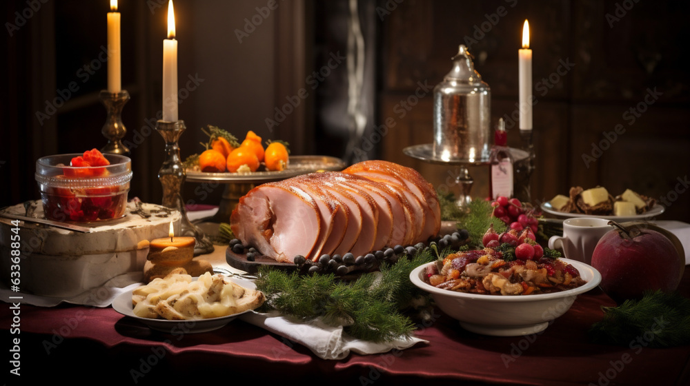 Scandinavian Christmas buffet with Christmas ham as the centerpiece. Style minimalist, highlighting the simplicity of Nordic design. Banner. Generative Ai content.