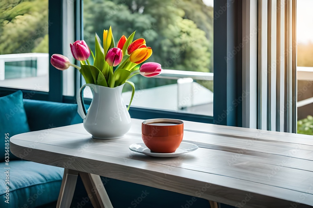 bouquet of tulips in a vase on table in front of window generated by AI tool                               
