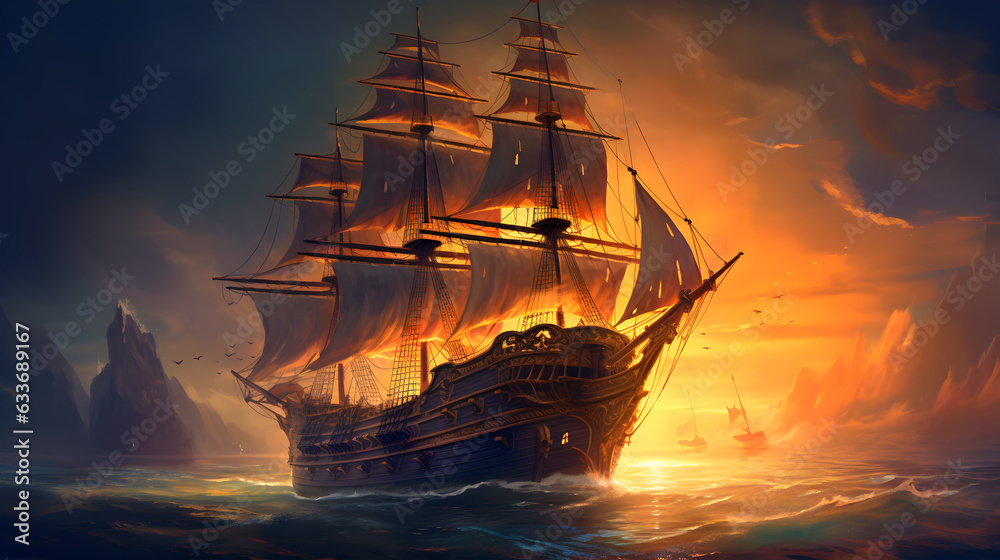 Ship sailing on the sea at the dusk 