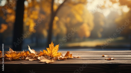 Autumn Table With Red And Yellow Leaves And Forest Background. Generative Ai.