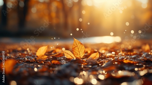 Leaves Falling In Defocused Autumn Forest With Sunlight. Generative Ai.