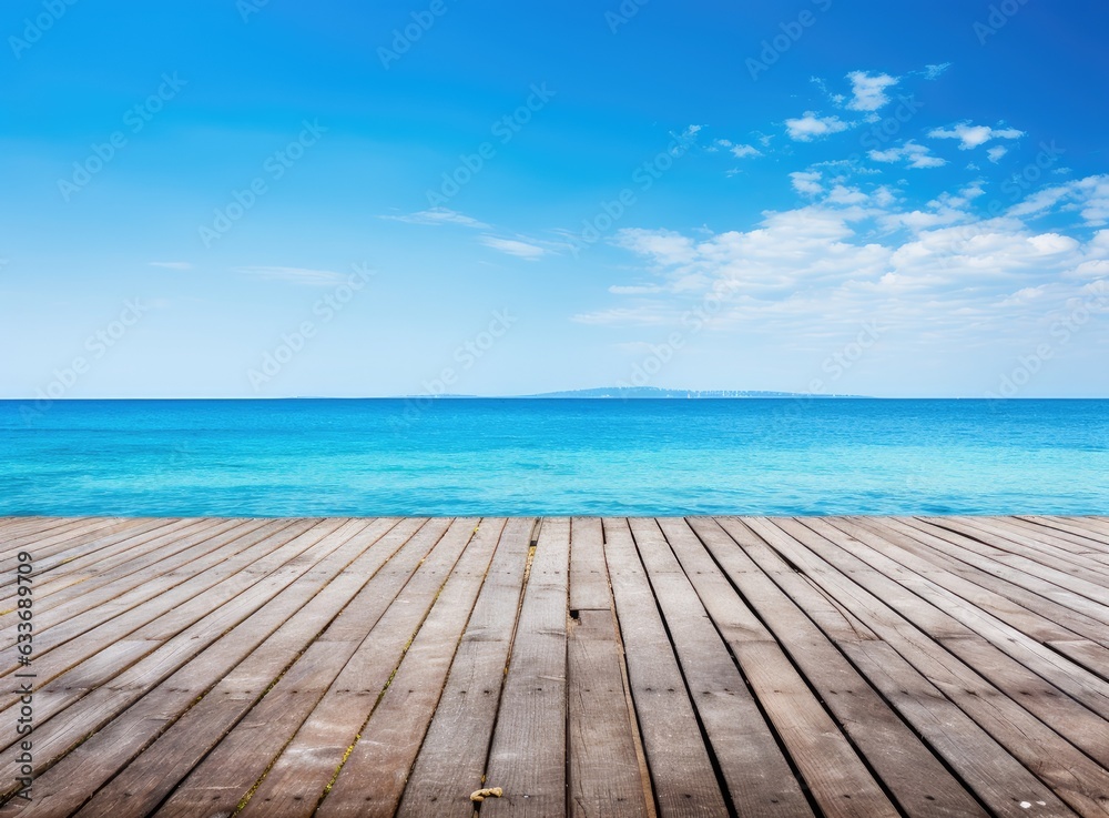 wooden deck waterfront sea shoreline background texture and water surface with small waves with horizon line, wallpaper pattern, copy space Created with Generative AI technology. wooden deck waterfront sea shoreline background texture and water surface with small waves with horizon line, wallpaper pattern, copy space Created with Generative AI technology.