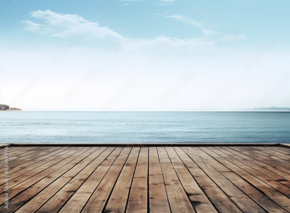 wooden deck waterfront sea shoreline background texture and water surface with small waves with horizon line, wallpaper pattern, copy space Created with Generative AI technology. wooden deck waterfront sea shoreline background texture and water surface with small waves with horizon line, wallpaper pattern, copy space Created with Generative AI technology.