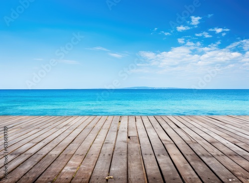 wooden deck waterfront sea shoreline background texture and water surface with small waves with horizon line  wallpaper pattern  copy space Created with Generative AI technology.