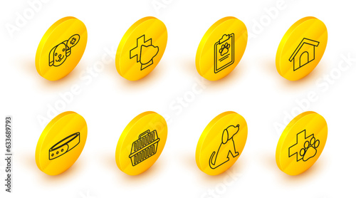 Set line Veterinary clinic symbol, Dog, Pet carry case, Collar with name tag, house, Clipboard medical clinical record pet, and icon. Vector