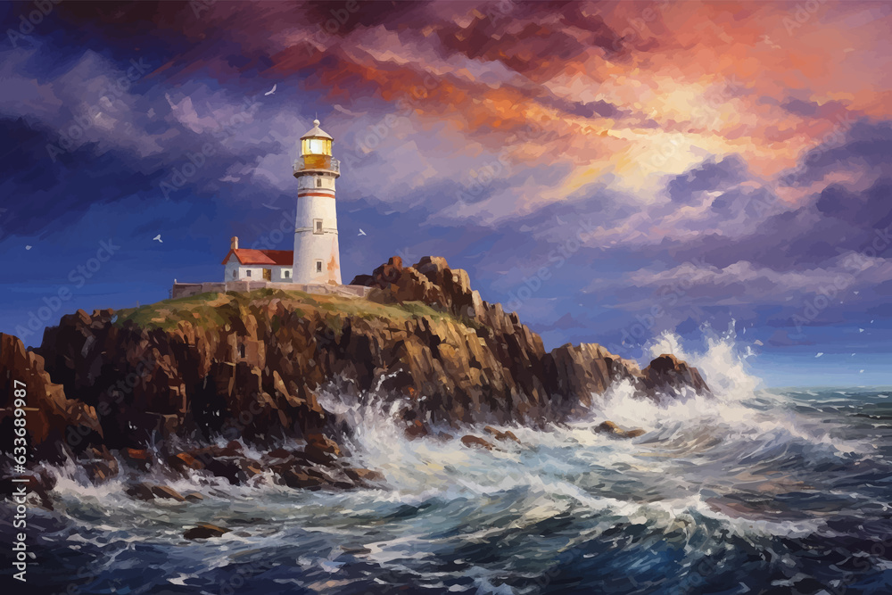 Lighthouse In the middle of the sea. Lighthouse on the seashore. Lighthouse on the rocky coast. Lighthouse on the rocks. Night. Blue Starry sky. Sea waves. Calm sea. Seascape. Landscape. Vector art