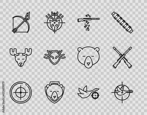 Set line Target sport for shooting competition, Hunt duck with crosshairs, Gun, Bear head shield, Bow and fire arrow, Deer antlers, and Two crossed shotguns icon. Vector