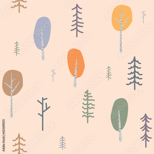 Vector seamless forest pattern, autumn trees 