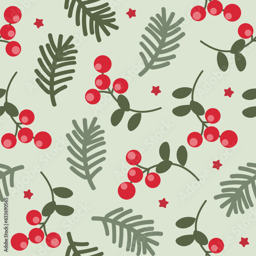 Vector seamless pattern with cranberries and pine branches