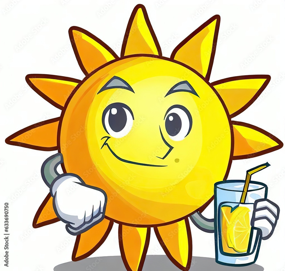 A cartoon style drawing of the sun drinking an iced lemonade, white background.
