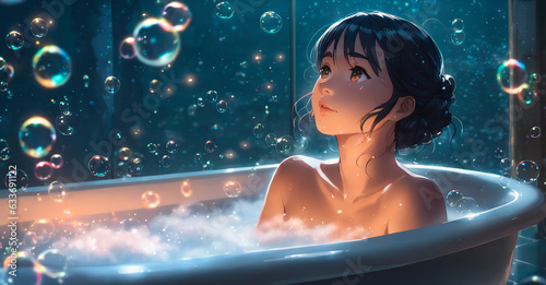 Beautiful girl in bathtub with soap bubbles. Generative AI.