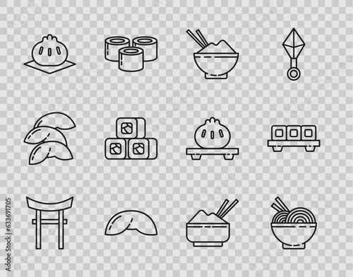 Set line Japan Gate, Asian noodles in bowl and chopsticks, Rice with, Chinese fortune cookie, Khinkali on cutting board, Sushi, and icon. Vector