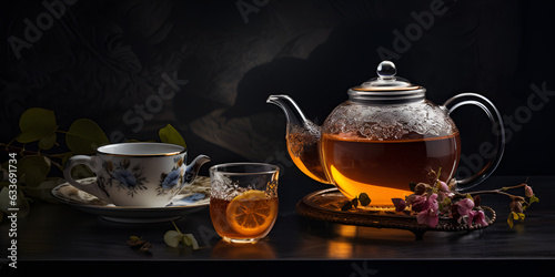 Close up hot tasty black tea, traditional breakfast drink. Dark indoor background. AI generative image. 