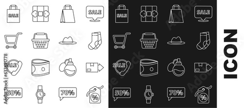 Set line Discount percent tag, Carton cardboard box, Socks, Paper shopping bag, Shopping basket, cart, Shoping with Sale and Man hat ribbon icon. Vector