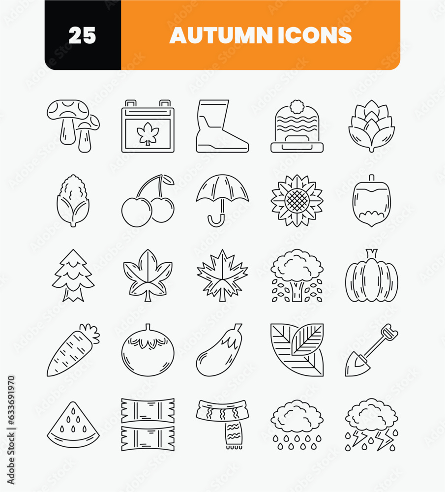 Simple Autumn Season Icon Set with Outline Style. Mushroom,Corn,Umbrella,Maple Leaf,Pumpkin.