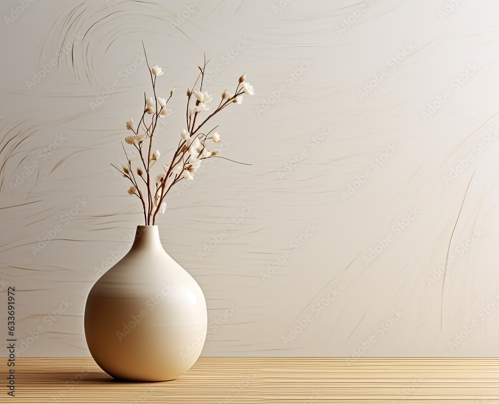 Composition of white ceramic vase with bouquet of dry spikelets, golden photo frame with dried flower, candles on wooden table on pastel beige background. Created with Generative AI technology. Composition of white ceramic vase with bouquet of dry spikelets, golden photo frame with dried flower, candles on wooden table on pastel beige background. Created with Generative AI technology.