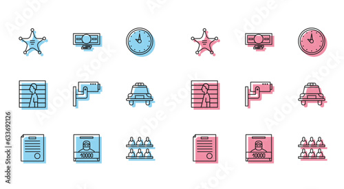 Set line The arrest warrant, Wanted poster, Hexagram sheriff, Jurors, Security camera, Police car and flasher, Suspect criminal and Stacks paper money cash icon. Vector
