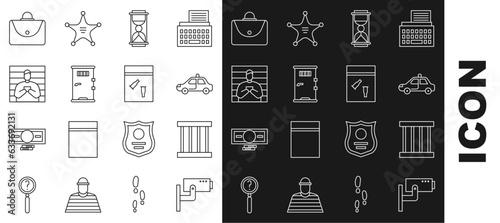 Set line Security camera, Prison window, Police car and flasher, Old hourglass with sand, cell door, Suspect criminal, Briefcase and Evidence bag bullet icon. Vector