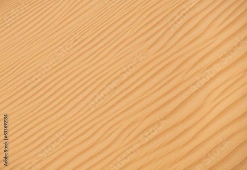 Close up photo of texture of desert sand dunes. Beautiful structures of sandy dunes on sunny summer day. Golden sand of desert. 