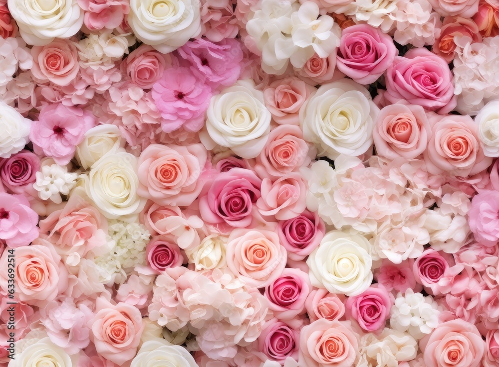 Beautiful summer flowers as background. Blossoming delicate roses on blooming flowers festive background. SEAMLESS PATTERN. SEAMLESS WALLPAPER. Created with Generative AI technology. Beautiful summer flowers as background. Blossoming delicate roses on blooming flowers festive background. SEAMLESS PATTERN. SEAMLESS WALLPAPER. Created with Generative AI technology.