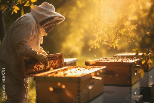 Fototapete Beekeeper is working with bees in apiary