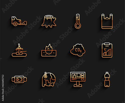 Set line Medical protective mask, Global warming, Car exhaust, Television report, Bottle of water, Iceberg, and CO2 emissions cloud icon. Vector