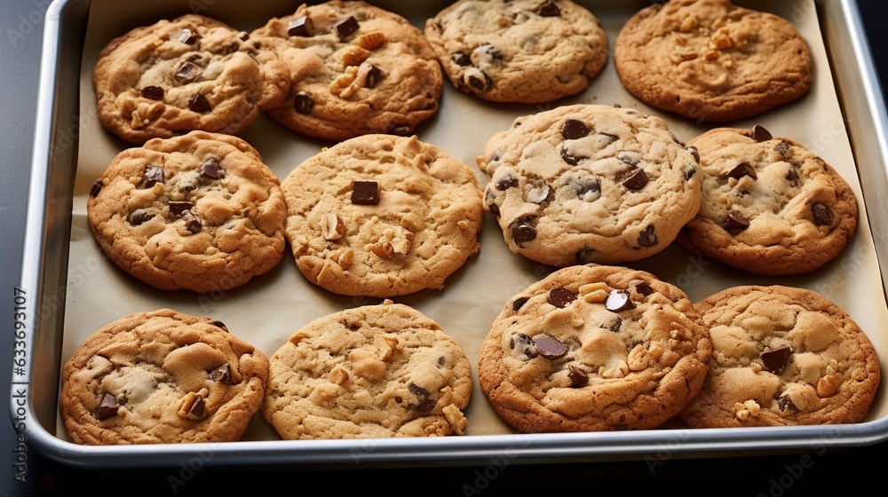 a pan of cookies with chocolate chips on top of it. generative ai a pan of cookies with chocolate chips on top of it. generative ai