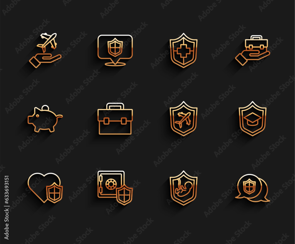 Set line Life insurance with shield, Safe, Plane hand, Location, Briefcase, Graduation cap and icon. Vector Set line Life insurance with shield, Safe, Plane hand, Location, Briefcase, Graduation cap and icon. Vector