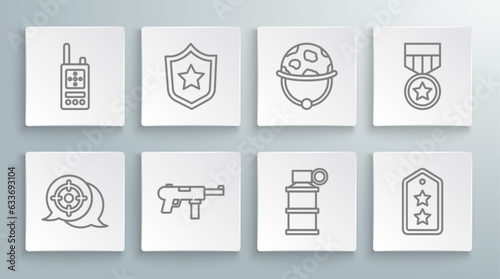 Φωτογραφία Set line Target sport, Military reward medal, Submachine gun M3, Hand smoke grenade, rank, helmet, and Walkie talkie icon