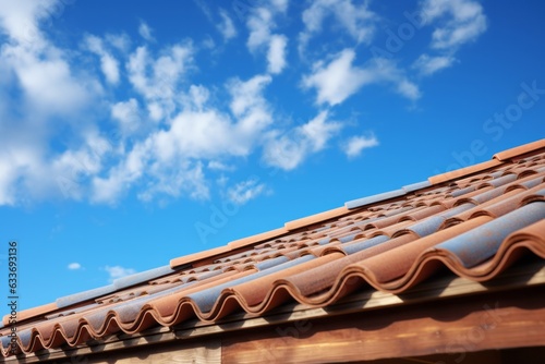 Close-up of roof with tiles on the blue sky