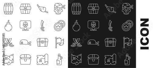 Set line Alcohol drink Rum, Pirate flag, coin, eye patch, Skull, Bomb ready to explode, Wooden barrel and sword icon. Vector