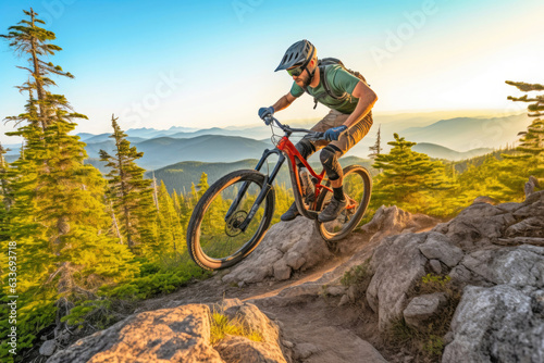 Biker in Mid-Air Over Stunning Mountain Vistas © AIproduction