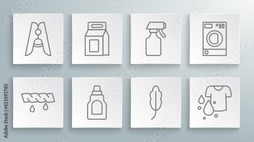 Set line Squeeze clothes, Laundry detergent, Bottle for cleaning agent, Feather, Dirty t-shirt, Water spray bottle, Washer and Clothes pin icon. Vector