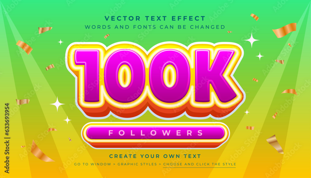 Vector Editable 3D 100K text effect. Yellow purple bold fun typography graphic style on abstract green background
