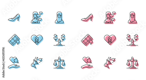 Set line Heart with female gender, Feminist activist, Woman shoe, Gender equality, Packaging of birth control pills and Love yourself icon. Vector
