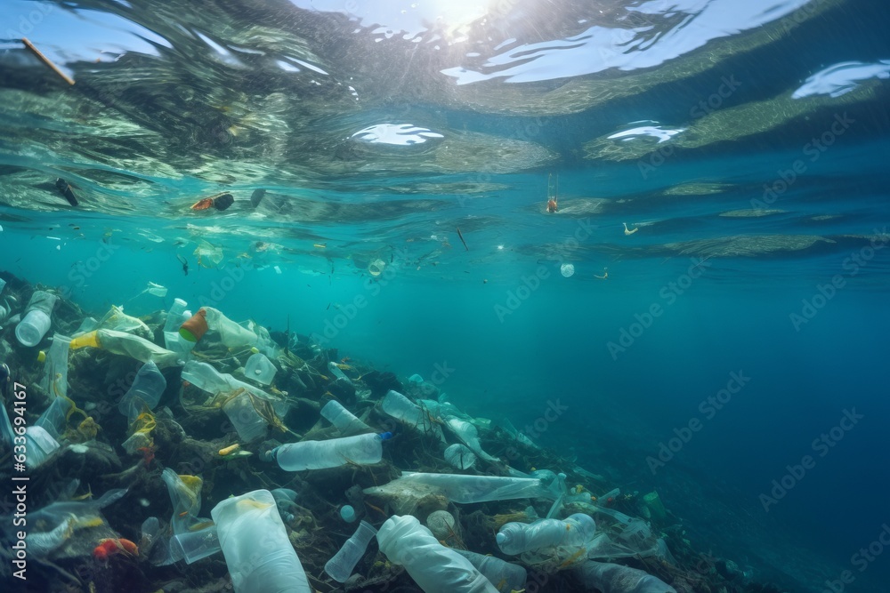 Plastic waste and bottles garbage undersea or in the ocean